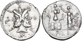 M. Furius Philus. Denarius, 119 BC. Obv. Laureate head of Janus; around, M·FOVRI·L·F. Rev. Roma standing left, crowning trophy; above, star; on right,...