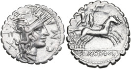 L. Licinius Crassus, Cn. Domitius Ahenobarbus and C. Malleolus. Denarius serratus, Narbo mint, 118 BC. Obv. Helmeted head of Roma right; behind, X; ar...