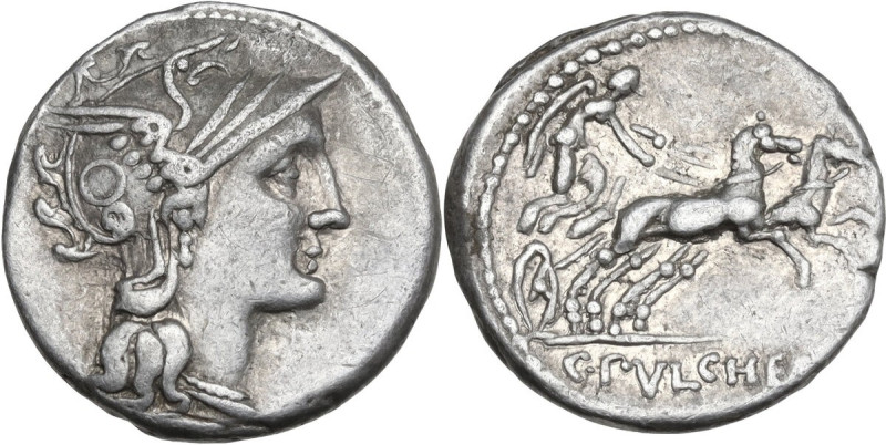 C. Claudius Pulcher. AR Denarius, 110 or 109 BC. Obv. Helmeted head of Roma righ...