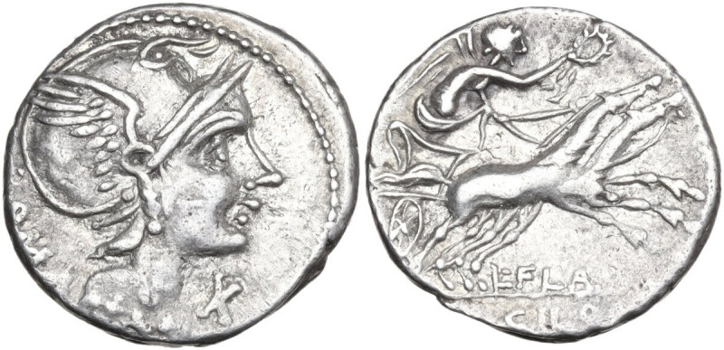 L. Flaminius Chilo. Denarius, 109 or 108 BC. Obv. Helmeted head of Roma right; b...