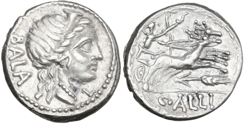 C. Allius Bala. Denarius, 92 BC. Obv. Diademed female head right; behind, BALA; ...