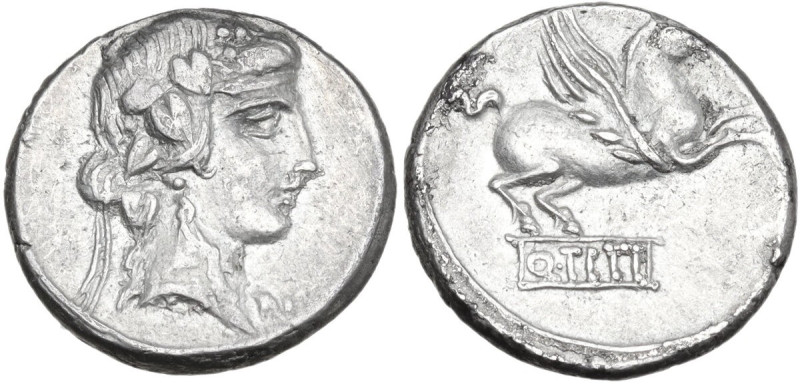 Q. Titius. Denarius, 90 BC. Obv. Head of Liber right, wearing ivy-wreath. Rev. P...