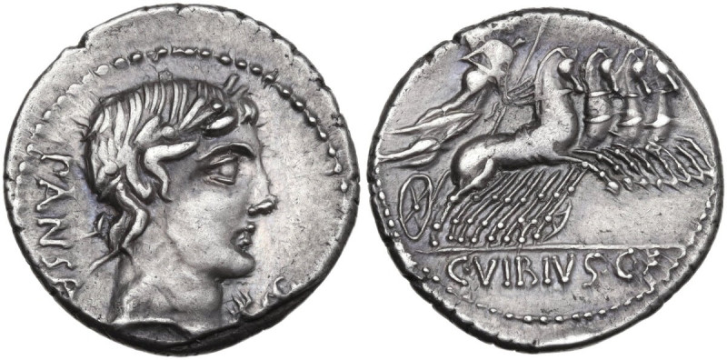 C. Vibius Pansa. Denarius, 90 BC. Obv. Laureate head of Apollo right; behind, PA...