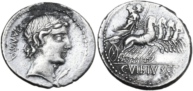 C. Vibius Pansa. Denarius, 90 BC. Obv. Laureate head of Apollo right; behind, PA...