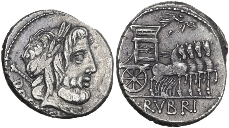 L. Rubrius Dossenus. Denarius, 87 BC. Obv. Laureate head of Jupiter right, scept...