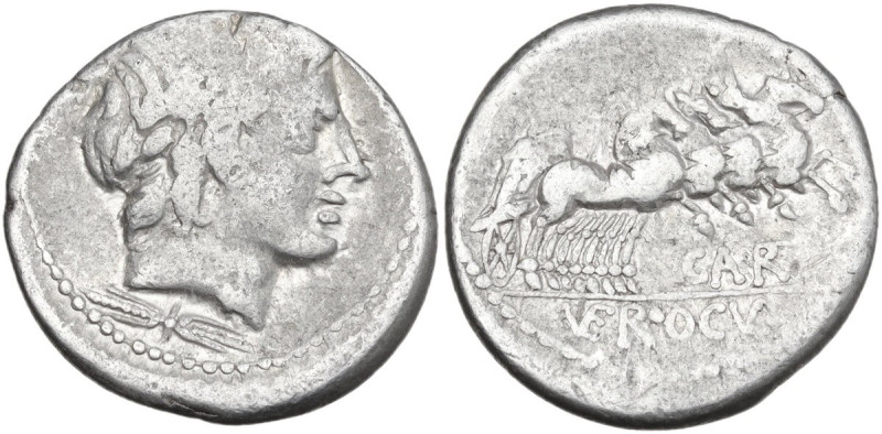 Gargilius, Ogulnius and Vergilius. Denarius, 86 BC. Obv. Head of Apollo right, w...