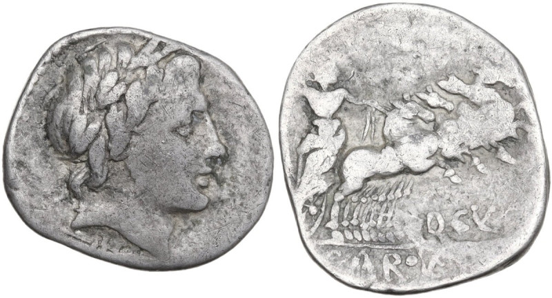 Gargilius, Ogulnius and Vergilius. Denarius, 86 BC. Obv. Head of Apollo right, w...