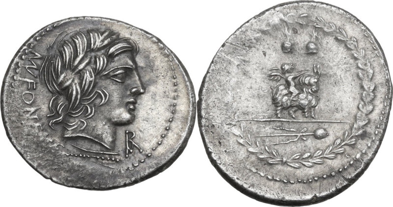 Mn. Fonteius C.f. AR Denarius, 85 BC. Obv. Laureate head of Apollo right; below,...