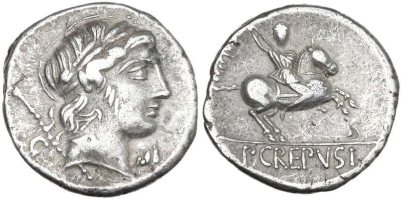 Pub. Crepusius. Denarius, 82 BC. Obv. Laureate head of Apollo right; behind, sce...