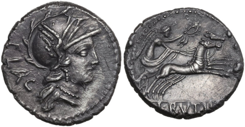 L. Rutilius Flaccus. Denarius, 77 BC. Obv. Helmeted head of Roma right; behind, ...