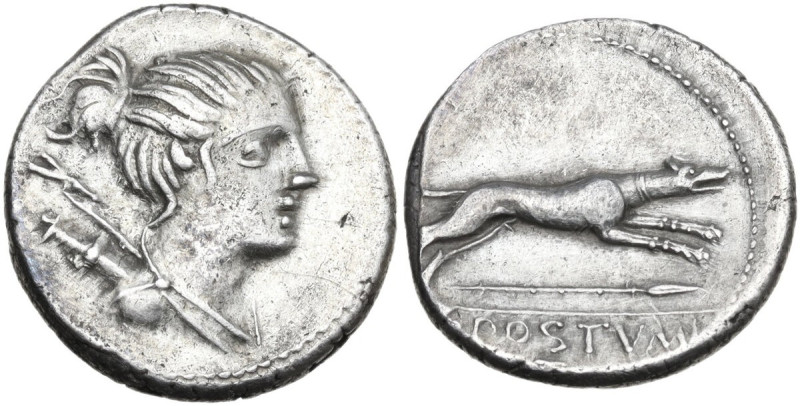 C. Postumius. Denarius, 74 BC. Obv. Draped bust of Diana right, hair tied into k...