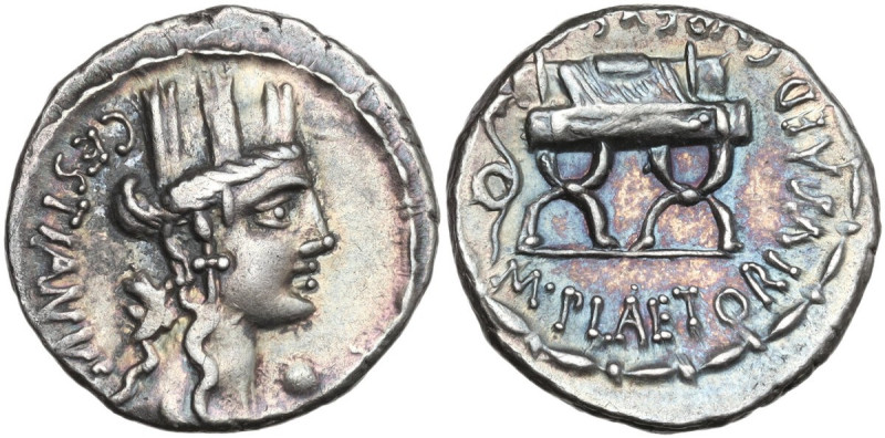 M. Plaetorius M. f. Cestianus. Denarius, 67 BC. Obv. Bust of Cybele right; behin...