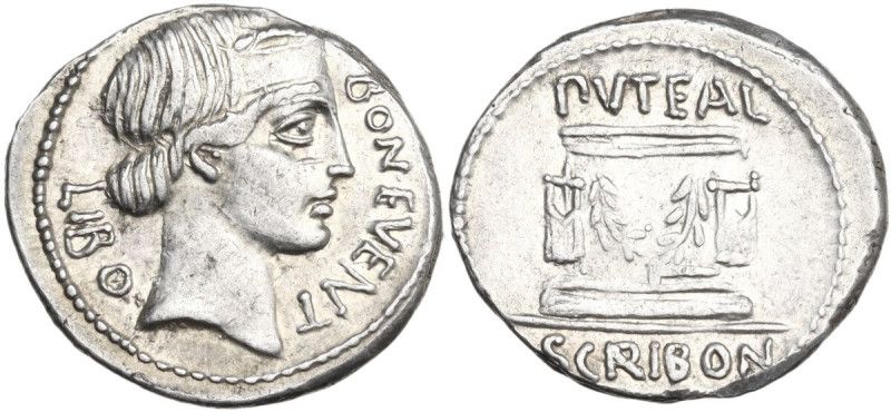 L. Scribonius Libo. AR Denarius, 62 BC. Obv. LIBO BON·EVENT. Diademed head of Bo...