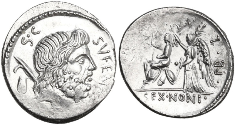 M. Nonius Sufenas. AR Denarius, 59 BC. Obv. Head of Saturn right; before, SVFENA...