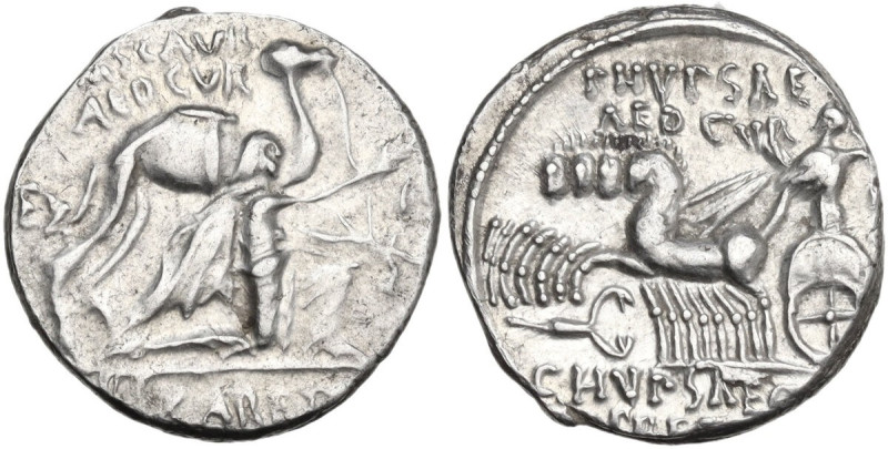 M. Aemilius Scaurus with Pub. Plautius Hypsaeus. AR Denarius, 58 BC. Obv. Camel ...