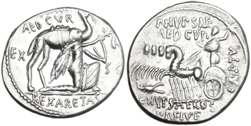 M. Aemilius Scaurus with Pub. Plautius Hypsaeus. Denarius, 58 BC. Obv. Camel rig...