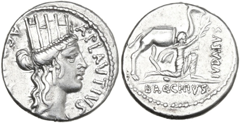 A. Plautius. Denarius, 55 BC. Obv. Turreted head of Cybele right; before, A·PLAV...