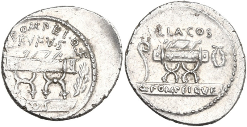 Q. Pompeius Rufus. AR Denarius, 54 BC. Obv. Curule chair; on left, arrow; on rig...