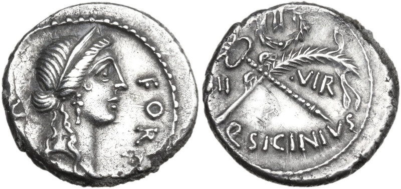 Q. Sicinius. Denarius, 49 BC. Obv. Diademed head of Fortuna Populi Romani right;...