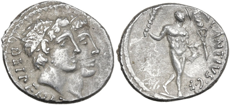 C. Antius Restio. Denarius, 47 BC. Obv. Jugate heads of Dei Penates right; aroun...