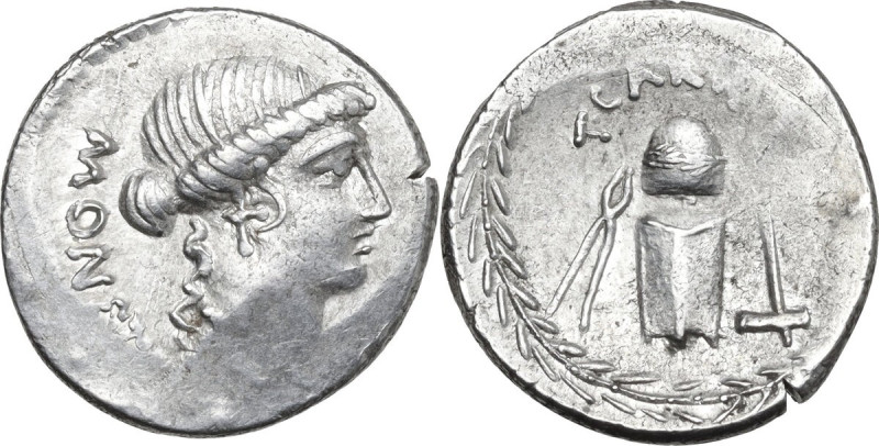 T. Carisius. AR Denarius, Rome mint, 46 BC. Obv. Head of Juno Moneta right; on t...