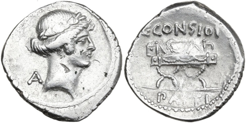 C. Considius Paetus. Denarius, 46 BC. Obv. Laureate head of Apollo right; behind...