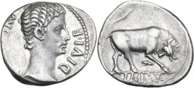 Augustus (27 BC-14 AD). AR Denarius, Lugdunum mint, 15 BC. Obv. AVGVSTVS DIVI F. Bare head right. Rev. Bull butting right; in exergue, IMP•X. RIC I (2...
