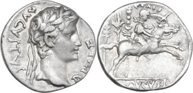 Augustus (27 BC - 14 AD). AR Denarius, Lugdunum mint, 8-7 BC. Obv. AVGVSTVS DIVI F. Laureate head right. Rev. Gaius Caesar galloping right; behind, le...