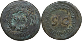 Augustus (27 BC - 14 AD). AE Sestertius. M. Sanquinius, moneyer. Struck 17 BC. Obv. CIVIS in oak-wreath flanked by two laurel branches; above and belo...