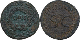 Augustus (27 BC-14 AD). AE Sestertius, P. Licinius Stolo, moneyer, 17 BC. Obv. OB above, SERVATOS below, CIVIS within oak wreath between two laurel br...