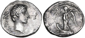 Augustus (27 BC - 14 AD). AR Quinarius. Pergamum mint. Struck 27 BC. Obv. AVGVSTVS. Bare head right. Rev. Victory standing left on prow, holding wreat...