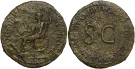 Tiberius (14-37 AD). AE Sestertius. Rome mint. Struck AD 22-23. Obv. CIVITATIBVS ASIAE RESTITVTIS. Tiberius, laureate, seated left, foot on stool, hol...
