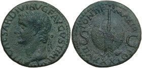 Tiberius (14-37). AE As. Struck 35-36 AD. Obv. TI CAESAR DIVI AVG F AVGVST IMP VIII. Laureate head left. Rev. PONTIF MAX TR POT XXXVII SC. Rudder plac...