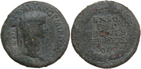 Claudius (41-54). AE Sestertius, struck 41- 42 AD, countermarked under Nero. Obv. TI CLAVDIVS CAESAR AVG P M TR P IMP P P. Laureate head right; behind...