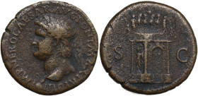 Nero (54-68). AE Sestertius, 66 AD. Lugdunum mint. Obv. IMP NERO CAESAR AVG PONT MAX TR POT P P. Laureate bust left; globe at point of neck. Rev. SC. ...