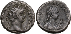 Nero (54-68) with Poppaea. BI Tetradrachm. Alexandria mint (Egypt). Dated RY 10 (AD 63/4). Obv. ΝΕΡΩ ΚΛΑΥ ΚΑΙ ΣΕΒ ΓΕΡ AY. Radiate head of Nero right, ...