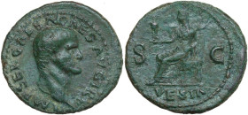 Galba (68-69). AE As. Rome mint. Struck circa October AD 68. Obv. IMP SER GALBA CAES AVG TRP. Bare head right. Rev. VESTA (in exergue) SC. Vesta seate...