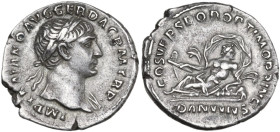 Trajan (98-117 AD). Denarius, Rome mint, 103-111 AD. Obv. IMP TRAIANO AVG GER DAC P M TR P. Bust of Trajan, laureate, right. Rev. COS V P P S P Q R OP...