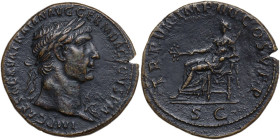 Trajan (98-117). AE Sestertius, 103 AD. Obv. IMP CAES NERVA TRAIAN AVG GERM DACICVS P M. Laureate bust right, wearing aegis. Rev. TR P VII IMP IIII CO...