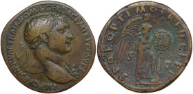 Trajan (98-117). AE Sestertius, 103-111 AD. Obv. IMP CAES NERVAE TRAIANO AVG GER DAC PM TR P COS V PP. Laureate bust right, wearing aegis. Rev. SPQR O...