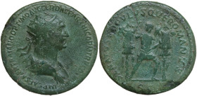 Trajan (98-117). AE Dupondius, 116-117. Obv. IMP CAES NER TRAIANO OPTIMO AVG GER DAC PARTHICO PM TR P COS VI P P. Radiate and draped bust right. Rev. ...