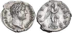 Hadrian (117-138). AR Denarius. Struck circa 134-138 AD. Obv. HADRIANVS AVG COS III P P. Laureate head right. Rev. VICTORIA AVG. Nemesis-Victory walki...