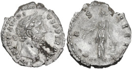 Antoninus Pius (138-161). AE Denarius, Rome mint. Struck AD 152-153. Obv. ANTONINVS AVG PIVS PP TR P XVI. Laureate head right. Rev. COS IIII. Annona s...