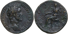 Antoninus Pius (138-161). AE Sestertius. Struck c. 140-144 AD. Obv. ANTONINVS AVG PIVS PP TR P COS III. Laureate bust right. Rev. OPI AVG SC (in exerg...