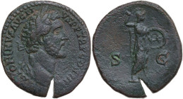 Antoninus Pius (138-161). AE Sestertius. Rome mint, 145-161 AD. Obv. ANTONINVS AVG PIVS PP TR P COS IIII. Laureate head right. Rev. SC. Minerva advanc...