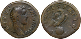 Divus Antoninus Pius (died 161). AE Sestertius. Rome mint. Struck under Marcus Aurelius and Lucius Verus, circa AD 161. Obv. DIVVS ANTONINVS. Bare hea...