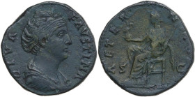 Diva Faustina I, wife of Antoninus Pius (died 141 AD). AE Sestertius, after 141 AD. Obv. DIVA FAVSTINA. Draped bust right, hair coiled on top of head....