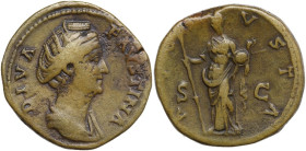 Diva Faustina I (after 141 AD). AE Sestertius, c. 146-161 AD. Obv. DIVA FAVSTINA. Draped bust right, hair coiled and bound on top of the head with dou...