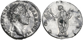 Marcus Aurelius (161-180 AD). AR Denarius. Struck AD 145-147. Obv. AVRELIVS CAESAR AVG PII F. Bare head right. Rev. COS II. Honos standing left holdin...