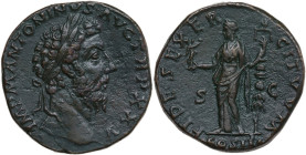 Marcus Aurelius (161-180). AE Sestertius, 171 AD. Obv. M ANTONINVS AVG TR P XXV. Laureate head right. Rev. FIDES EXERCITVM COS III SC. Fides standing ...